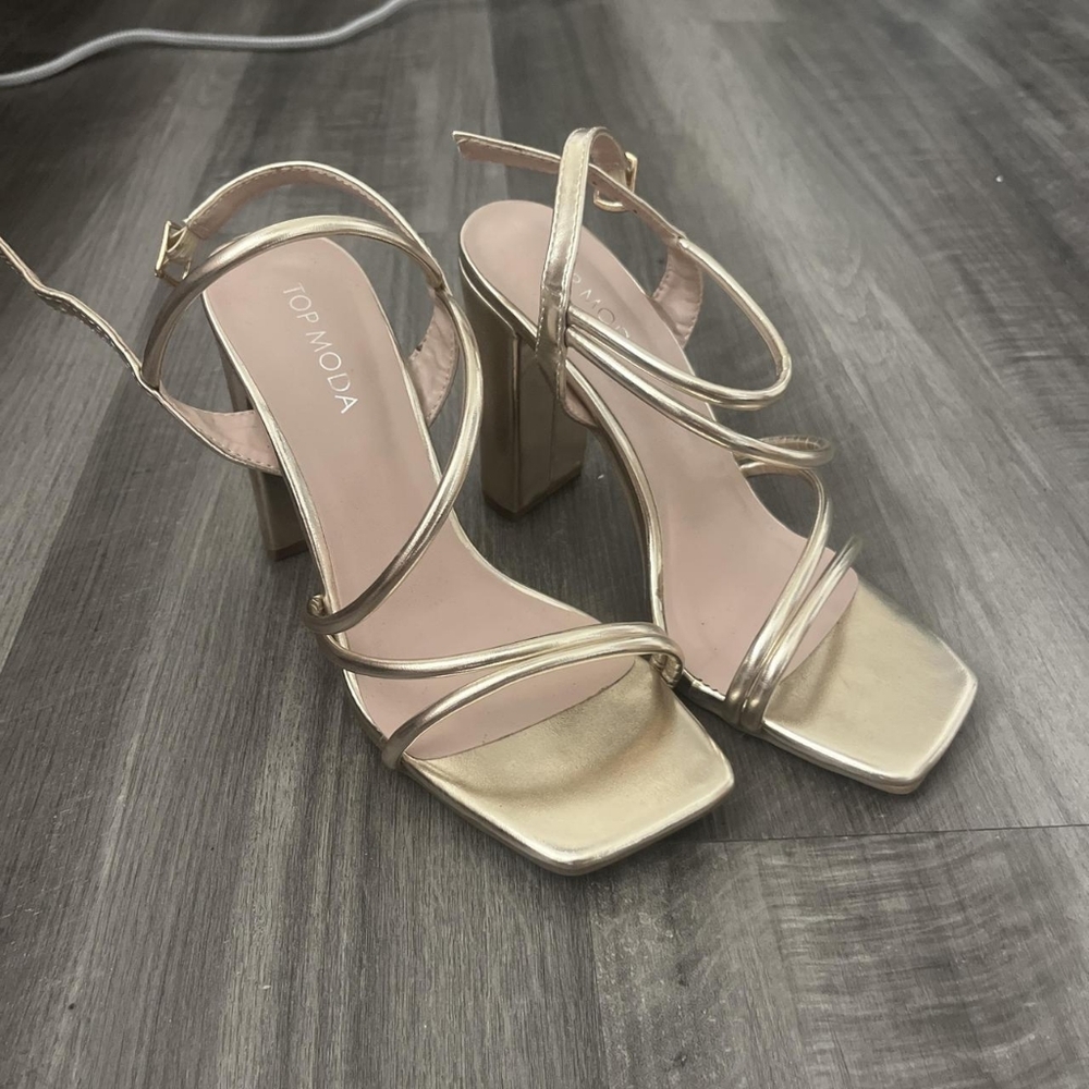 Women's Gold Strappy Block Heel Sandals